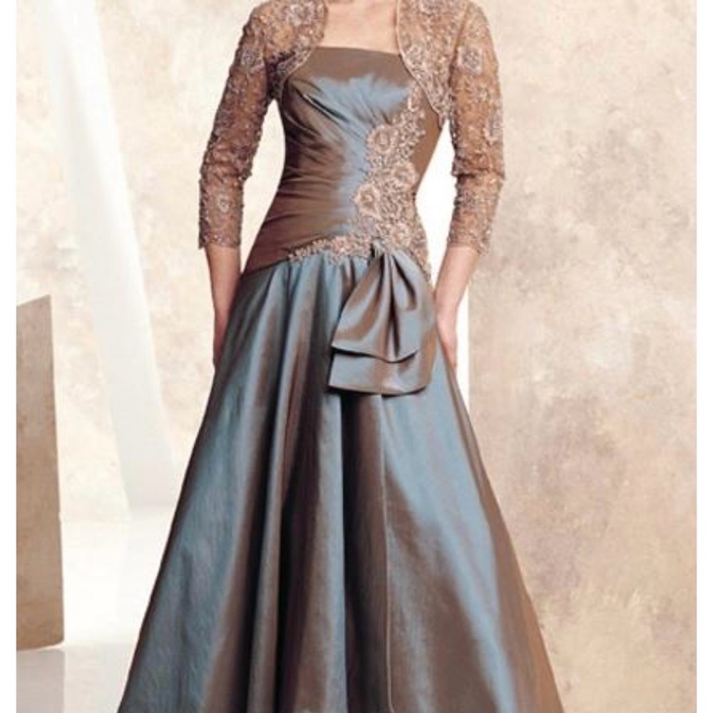 Montage by Mon Cheri Strapless Two-Tone Bronze and Dusty Blue Evening Gown - Picture 3 of 10